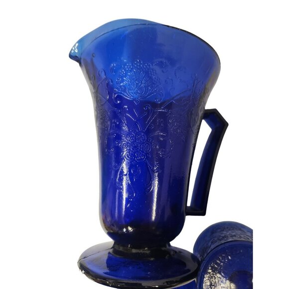 Vintage Cobalt Blue Glass Pitcher Set Florentine 2 Upper Deck 5 Piece Taiwan Emb - Picture 13 of 16